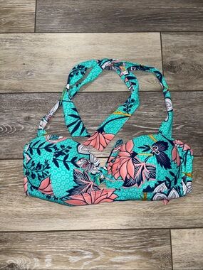 Caribbean Joe Teal Floral Halter Bikini Top with Coral Accents